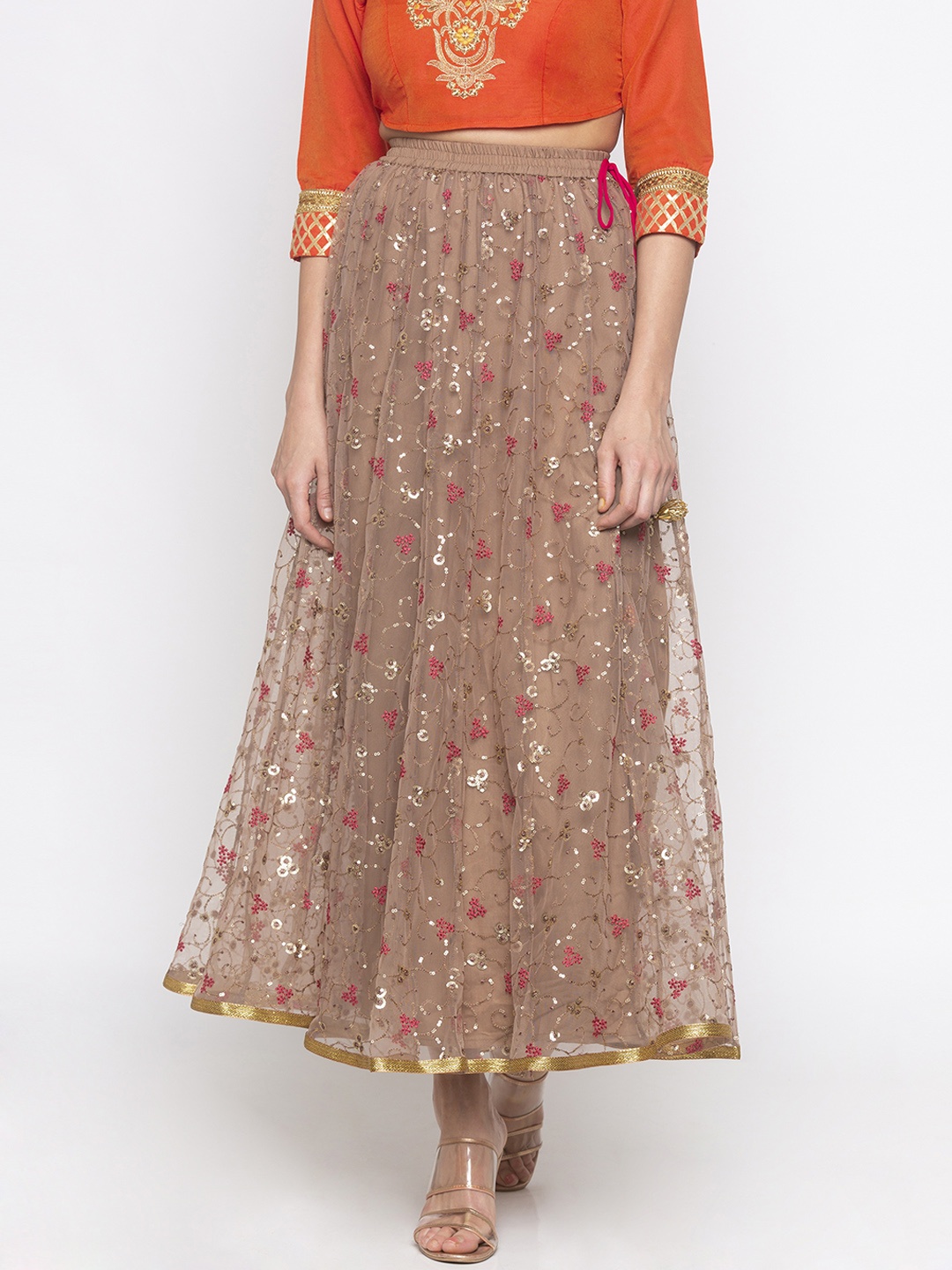 Globus Women Taupe & Pink Embellished Net Flared Maxi Skirt