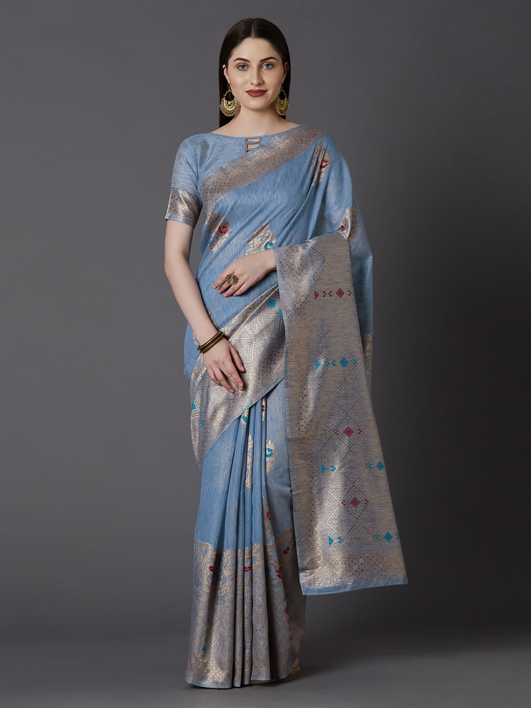Mitera Turquoise Blue Silk Blend Woven Design Kanjeevaram Saree