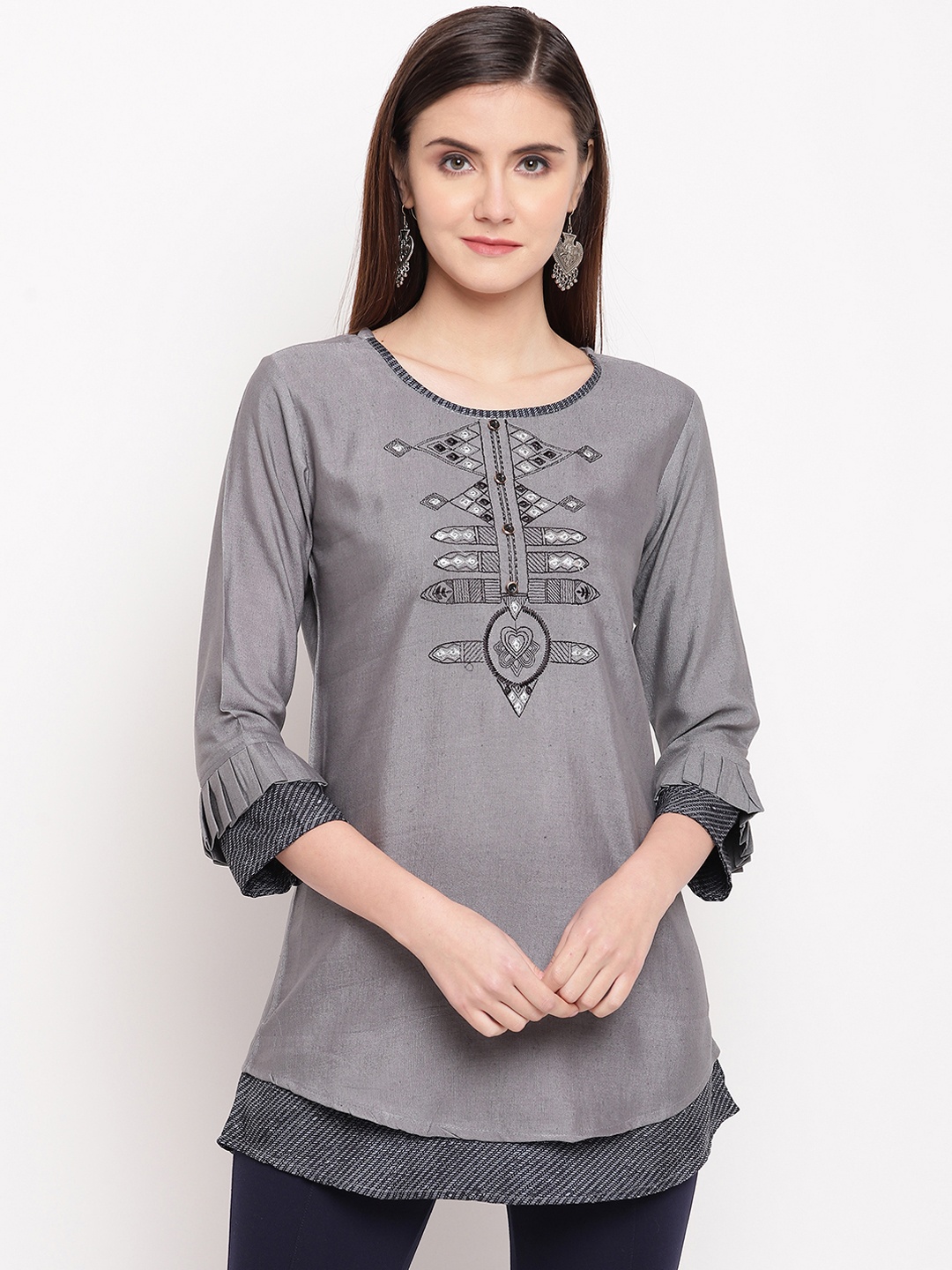 Kvsfab Women Grey Embroidered Straight Kurti