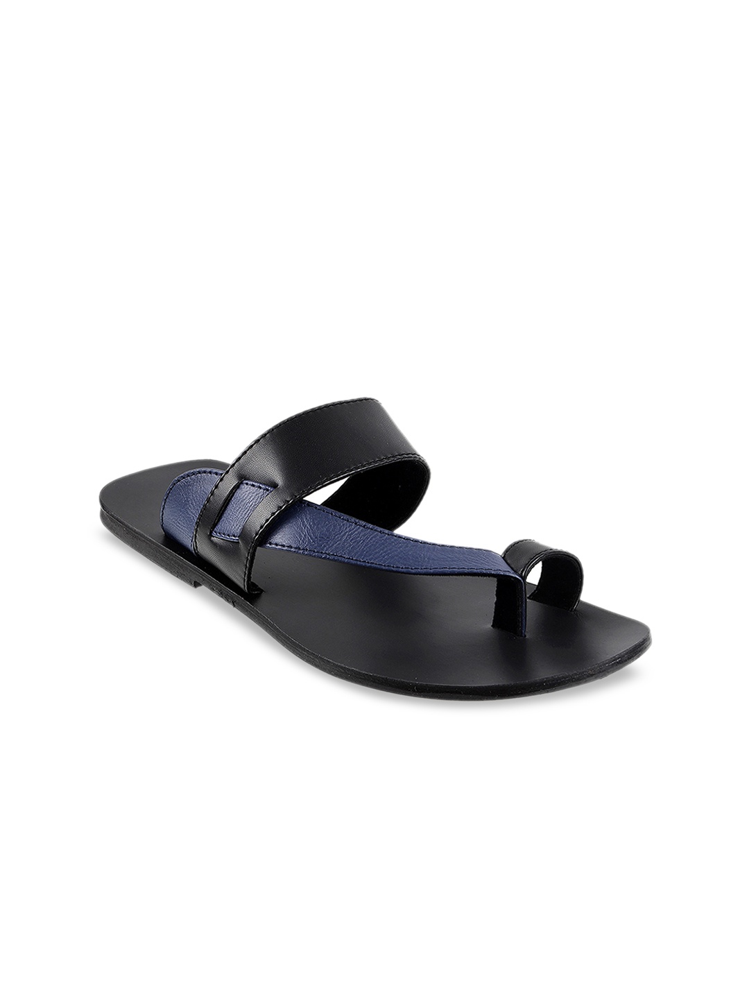 Mochi Men Black & Blue Leather Comfort Sandals