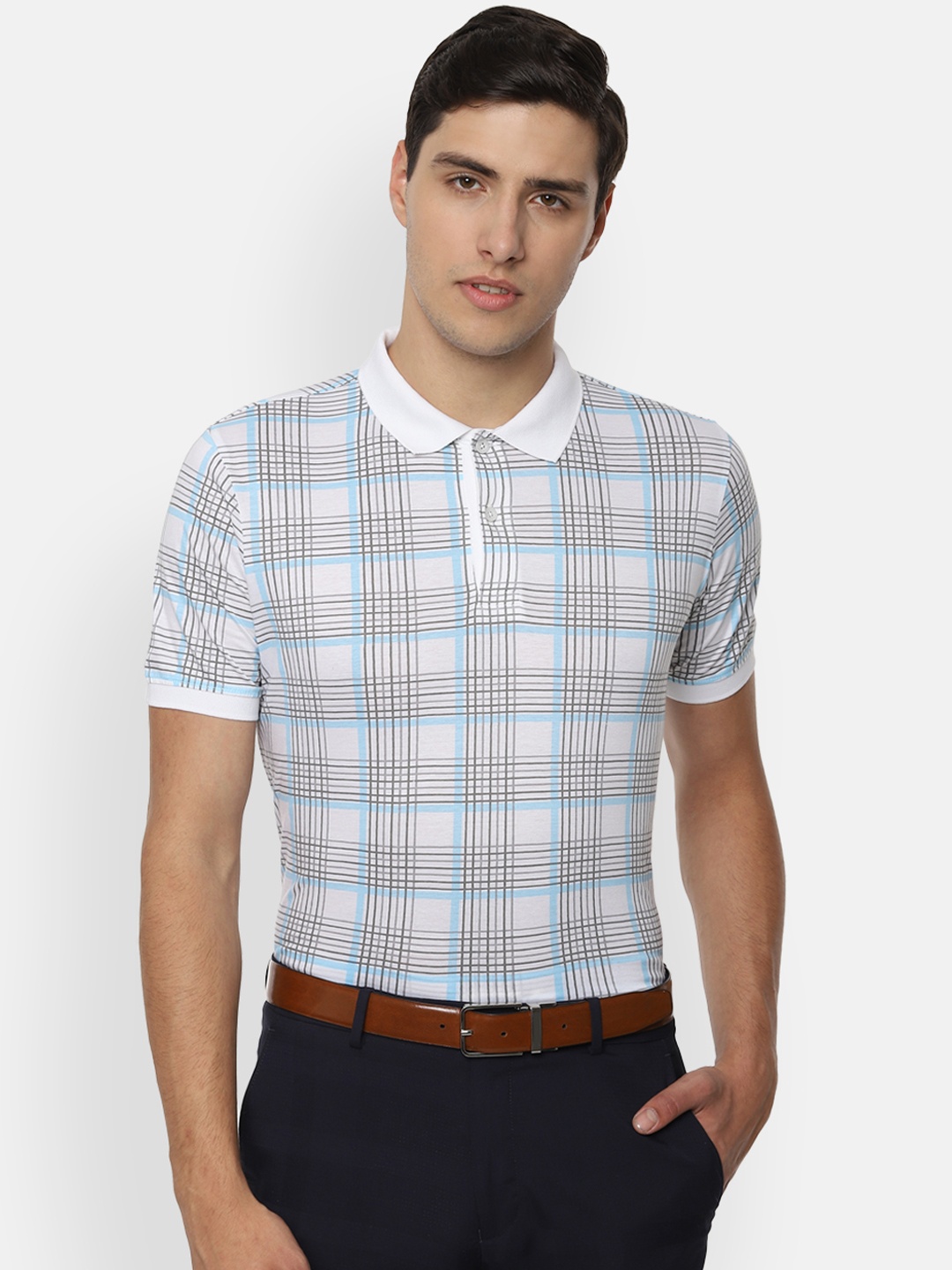 Van Heusen Men White Checked Polo Collar Pure Cotton T-shirt
