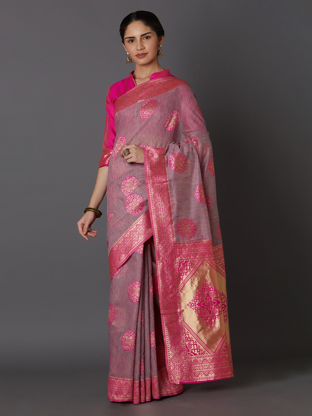 Mitera Pink & Purple Silk Blend Woven Design Kanjeevaram Saree