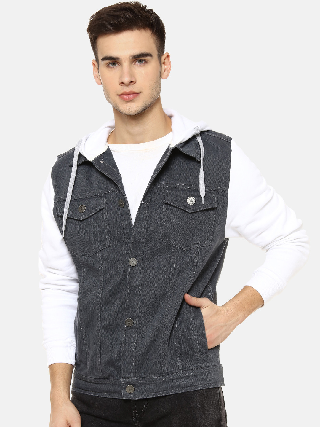 Campus Sutra Men Charcoal Grey Solid Windcheater Hooded Denim Jacket 
Campus Sutra Men Charcoal Grey Solid Windcheater Hooded Denim Jacket