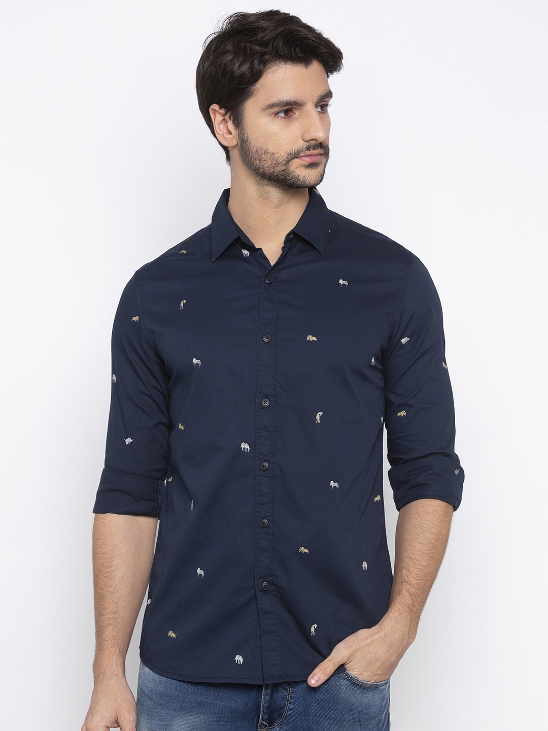 SPYKAR Men Navy Blue Slim Fit Printed Casual Shirt
