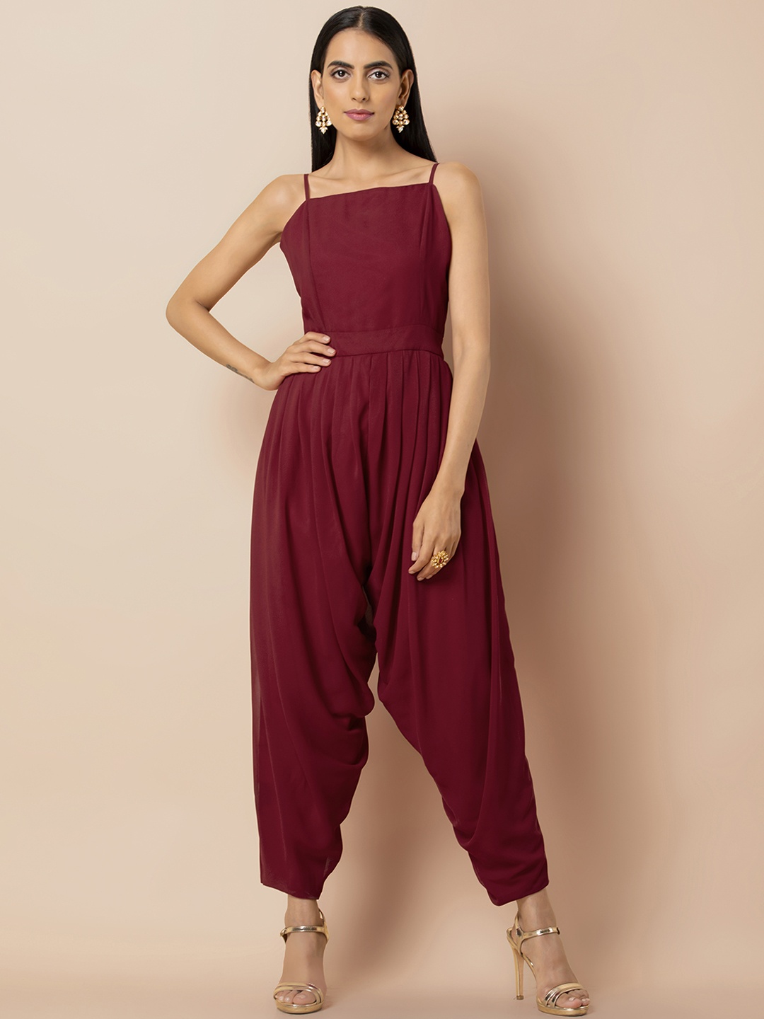 INDYA Women Maroon Solid Basic Jumpsuit
