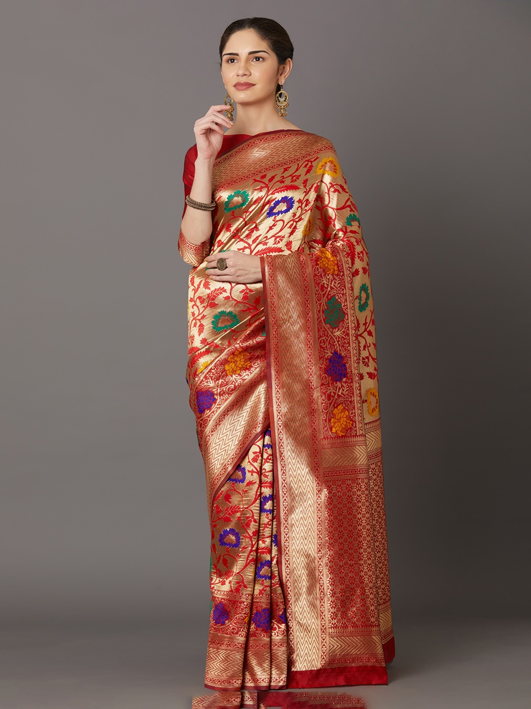 Mitera Maroon & Gold-Toned Silk Blend Woven Design Kanjeevaram Saree