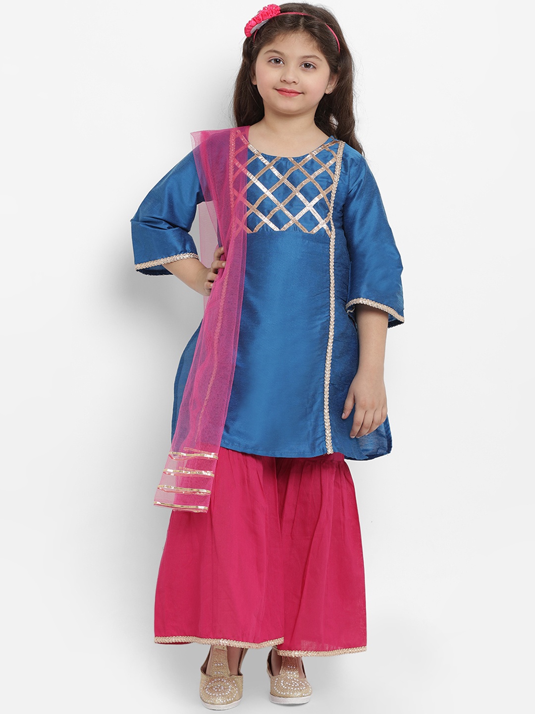 Bitiya by Bhama Girls Blue Yoke Design Kurta with Fuchsia Sharara & Dupatta