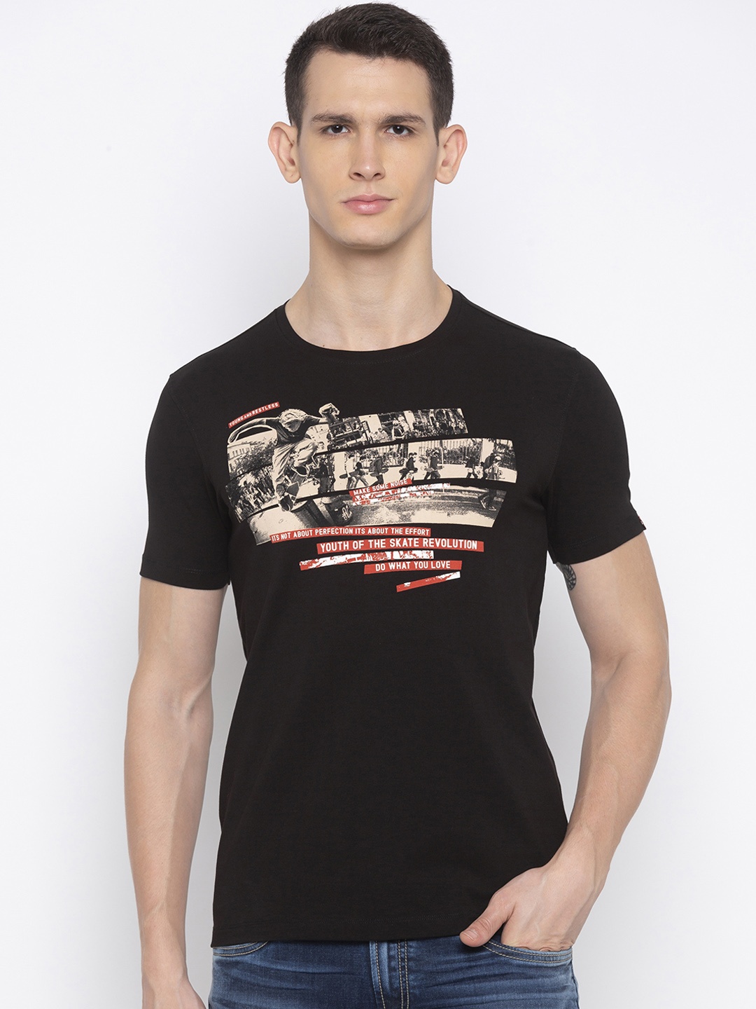 SPYKAR Men Black Printed Round Neck T-shirt