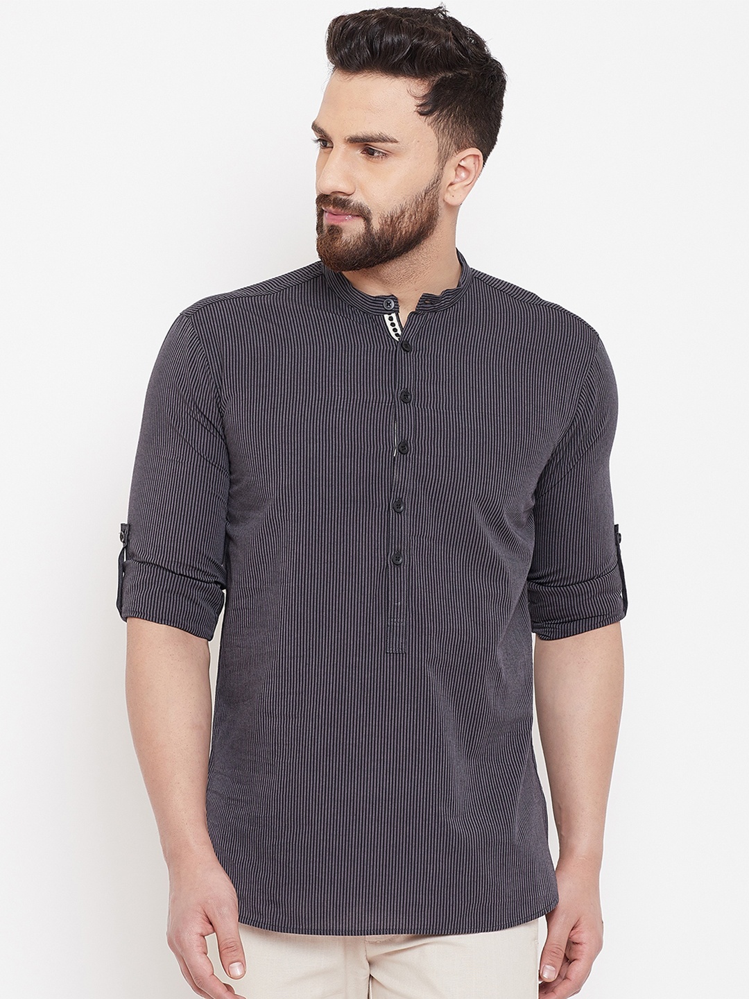 even Men Grey Striped Straight Kurta