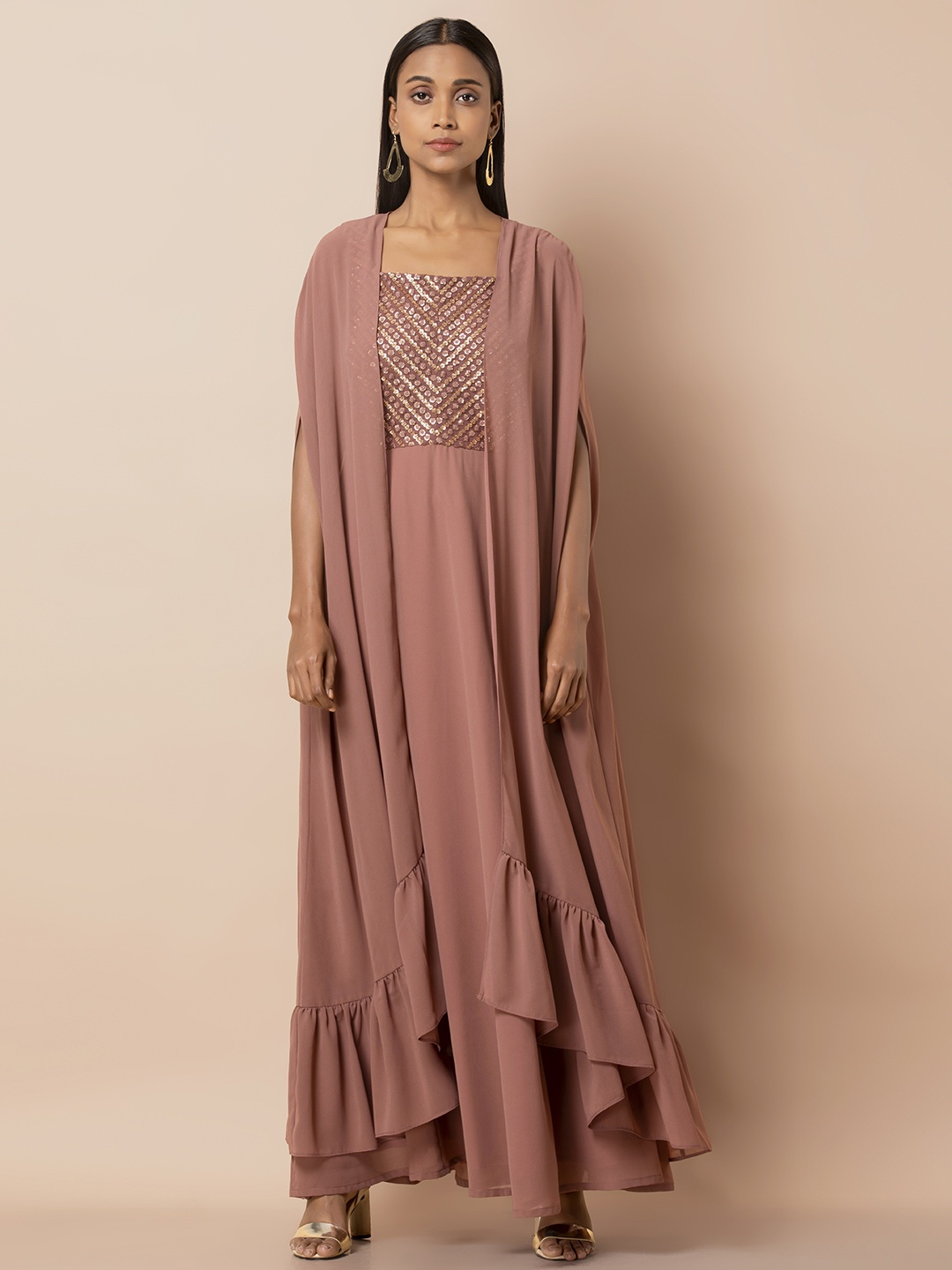 INDYA Women Dusty Pink Embroidered Maxi Dress with Jacket