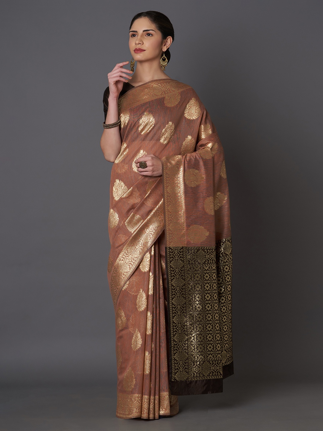 Mitera Beige Silk Blend Woven Design Kanjeevaram Saree