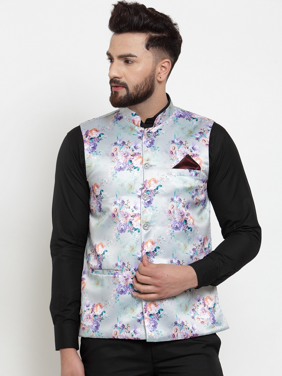 KLOTTHE Printed Cotton Blend Nehru Jacket, Blue