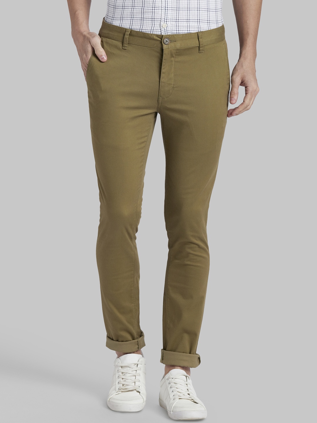 Parx Men Olive Green Slim Fit Solid Regular Trousers