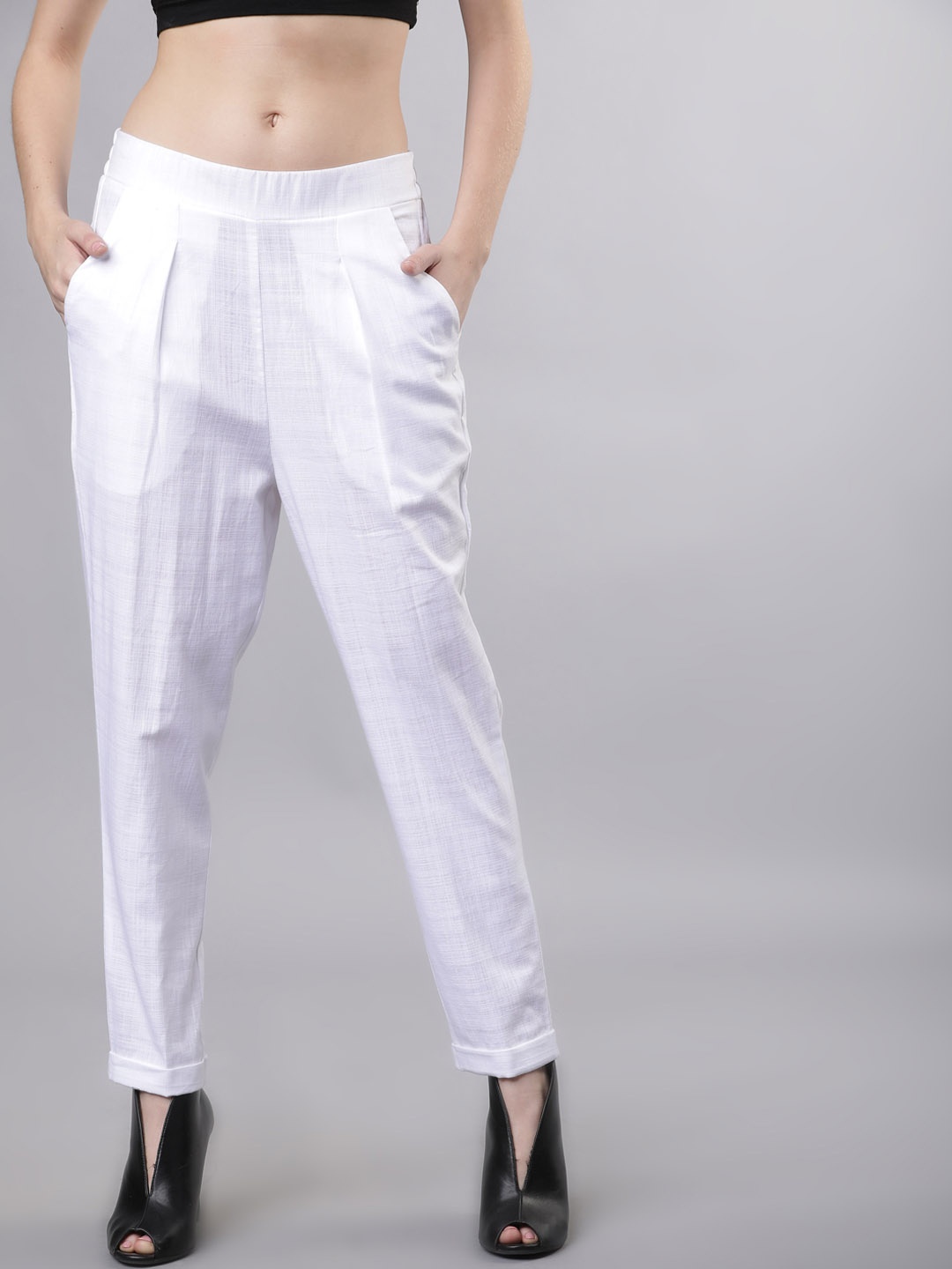 Tokyo Talkies Women White Regular Fit Solid Peg Trousers