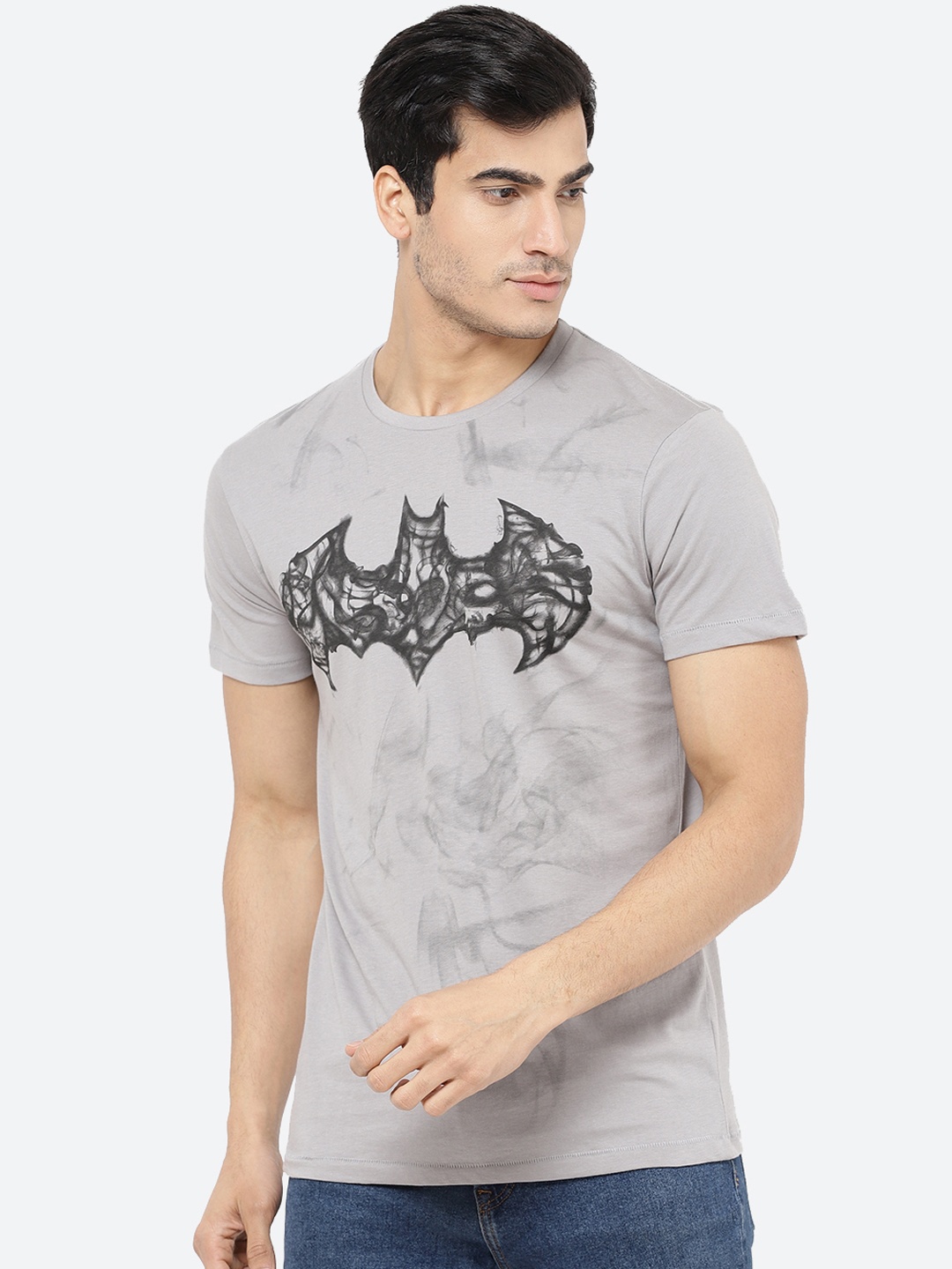 Free Authority Men Grey Batman Printed Round Neck T-Shirt