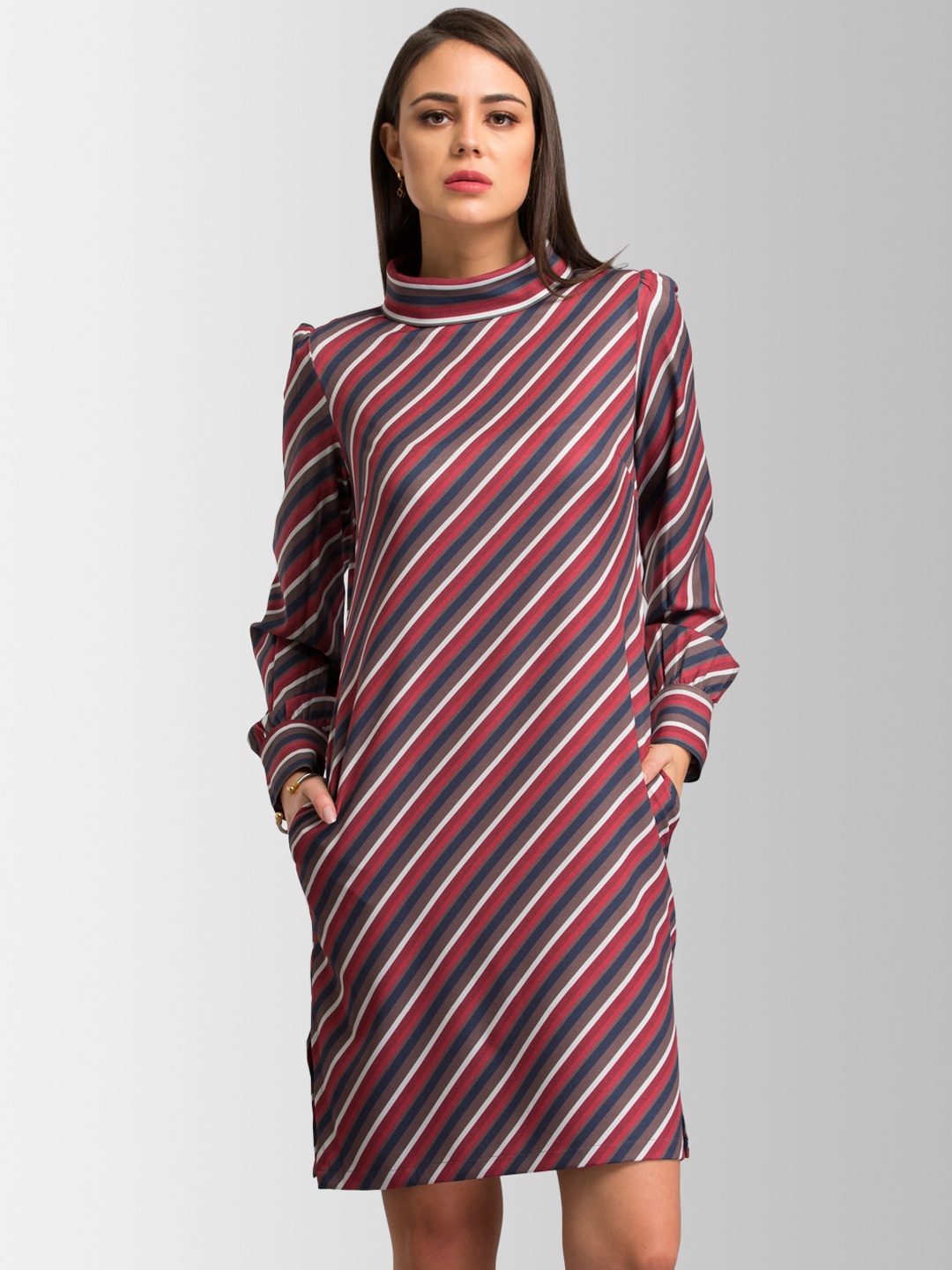 FableStreet Women Red & Mauve Striped Sheath Dress