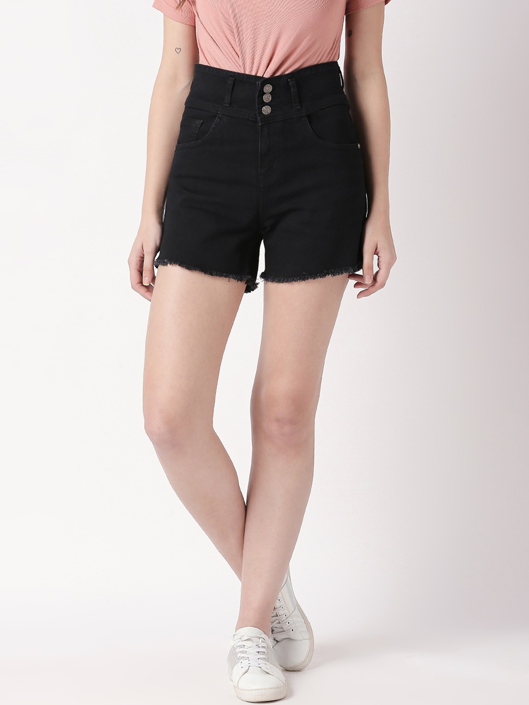 High Star Women Black Solid Slim Fit Denim Stretchable Shorts