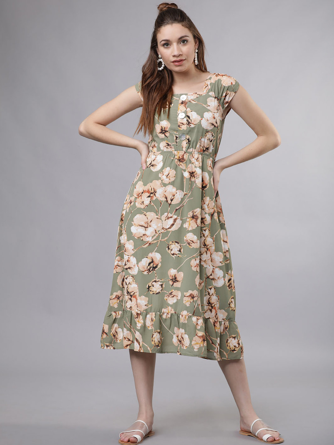 Tokyo Talkies Women Green & Beige Printed Fit and Flare Dress 
Tokyo Talkies Women Green & Beige Printed Fit and Flare Dress