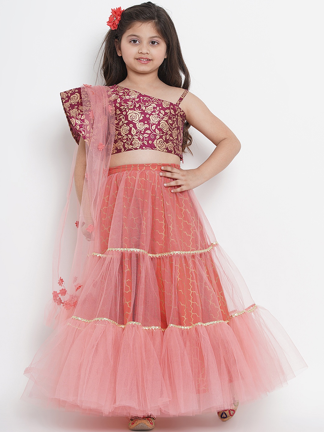 Bitiya by Bhama Girls Peach-Coloured & Burgundy Printed Ready to Wear Lehenga & Blouse with Dupatta
Bitiya by Bhama Girls Peach-Coloured & Burgundy Printed Ready to Wear Lehenga & Blouse with Dupatta