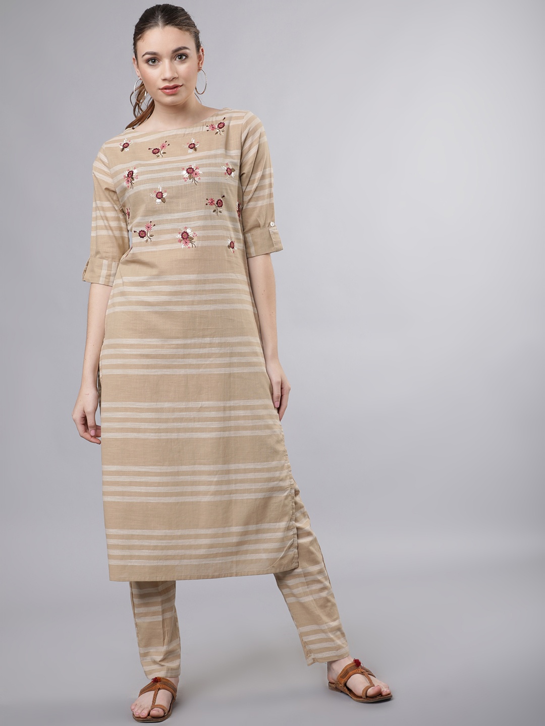 Vishudh Women Beige & White Striped Kurta with Trousers