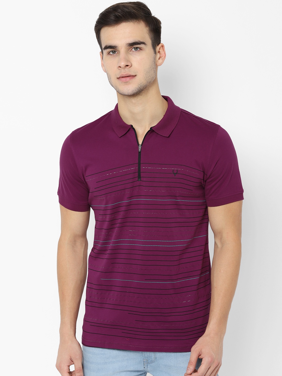Allen Solly Men Purple Striped Polo Collar Pure Cotton T-shirt