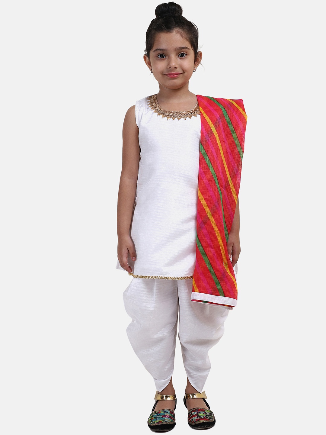 BownBee Girls White Striped Kurta with Dhoti Pants & Dupatta