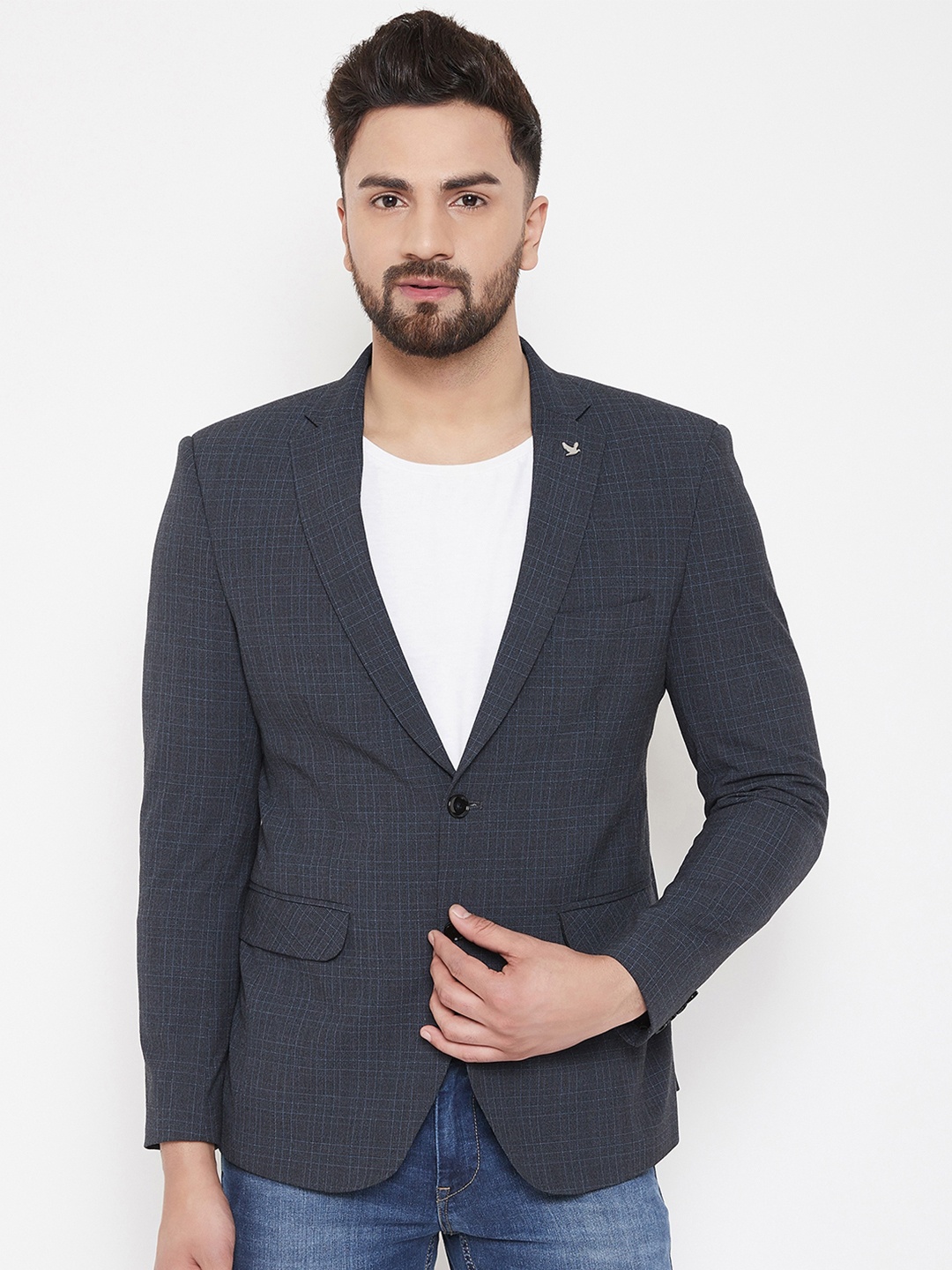 Canary London Men Navy Blue Checked Slim-Fit Single-Breasted Casual Blazer