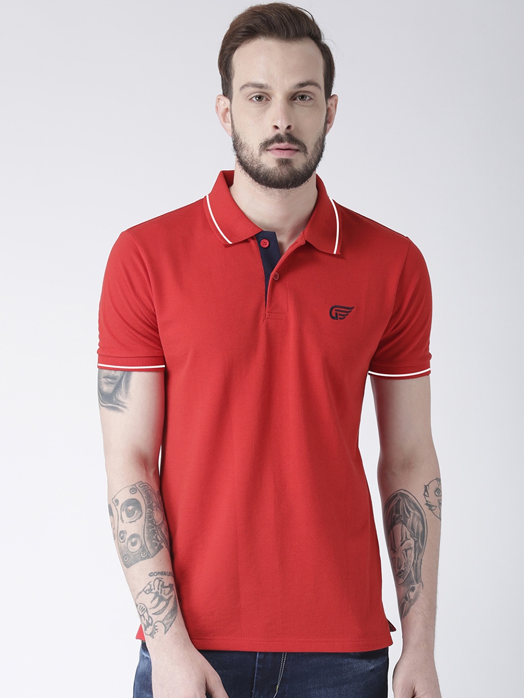 GRIFFEL Men Red Solid Polo Collar T-shirt