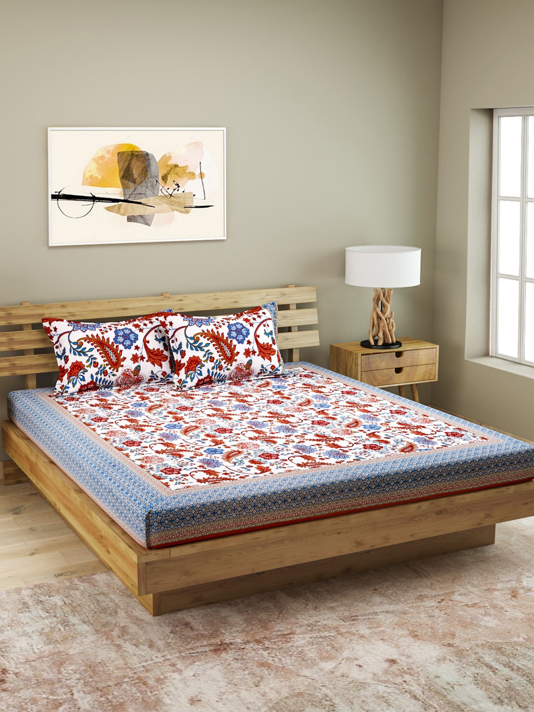 ROMEE White & Blue Floral 210 TC Cotton 1 King Bedsheet with 2 Pillow Covers