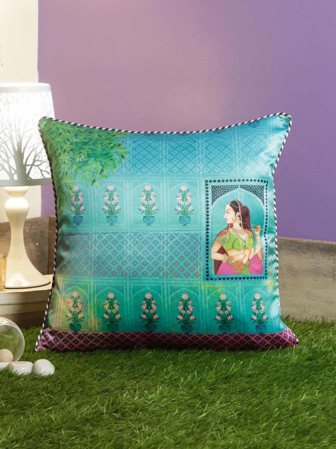 HomeTown Turquoise Blue Single Floral Square Cushion Covers