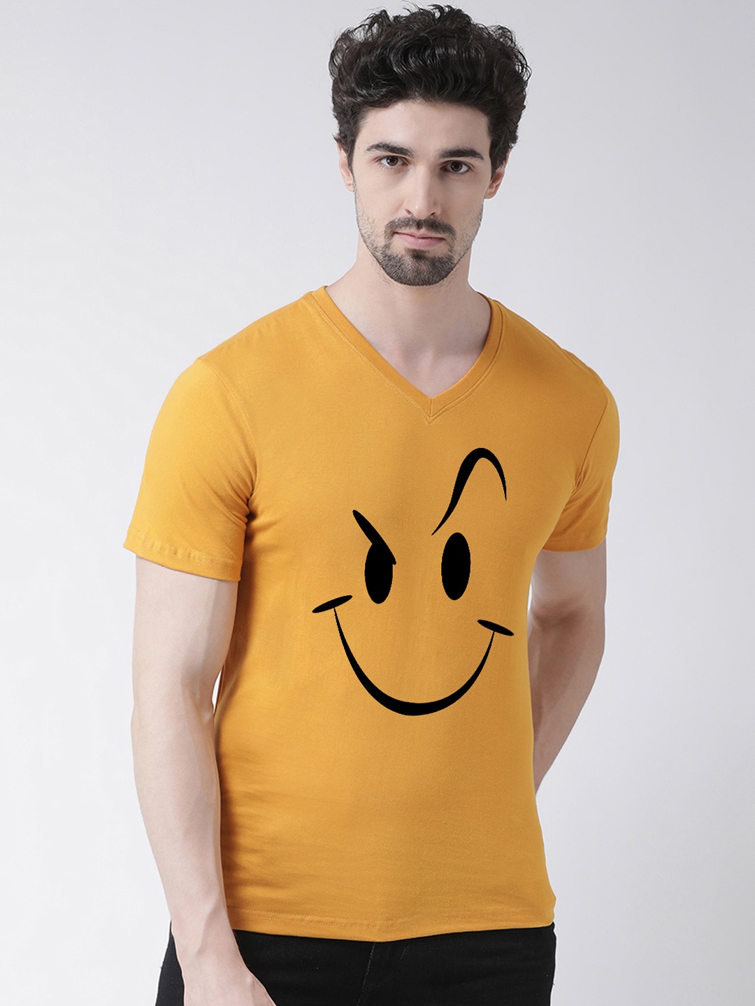 Friskers Men Mustard Yellow Printed V-Neck T-shirt