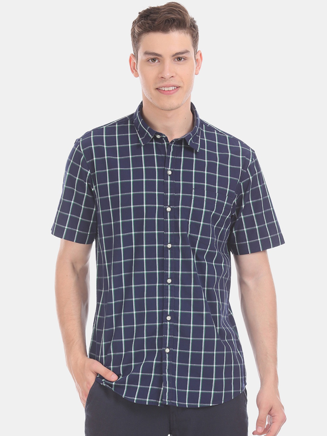Ruggers Men Navy Blue Regular Fit Checked Casual Shirt