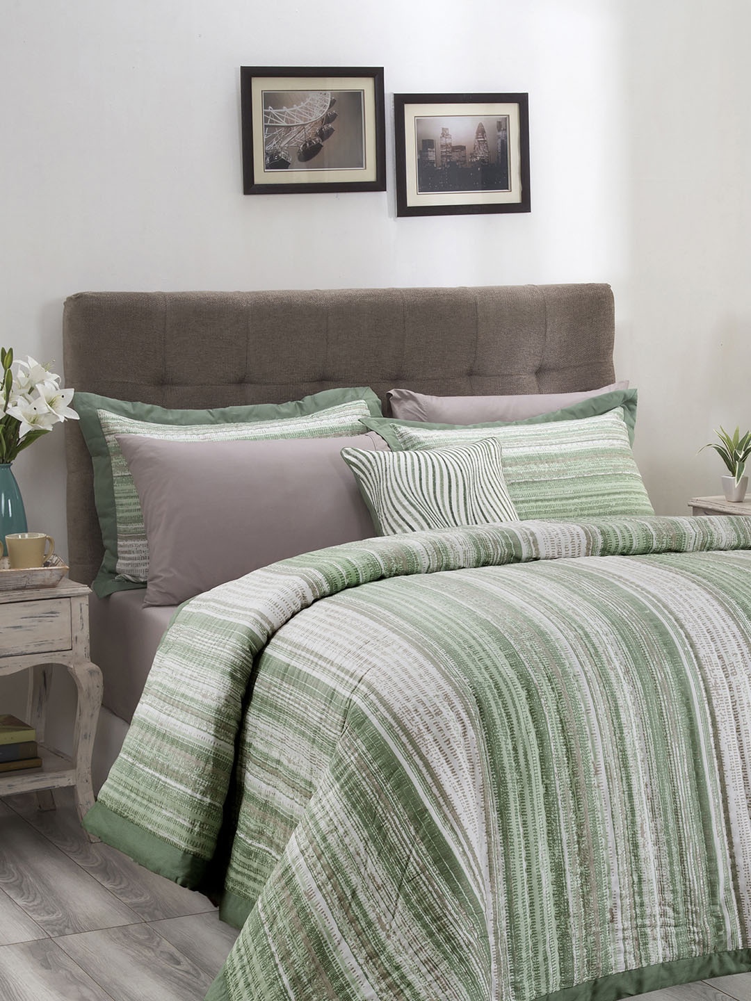 MASPAR Unisex Green & White Striped 120GSM Quilt Set
