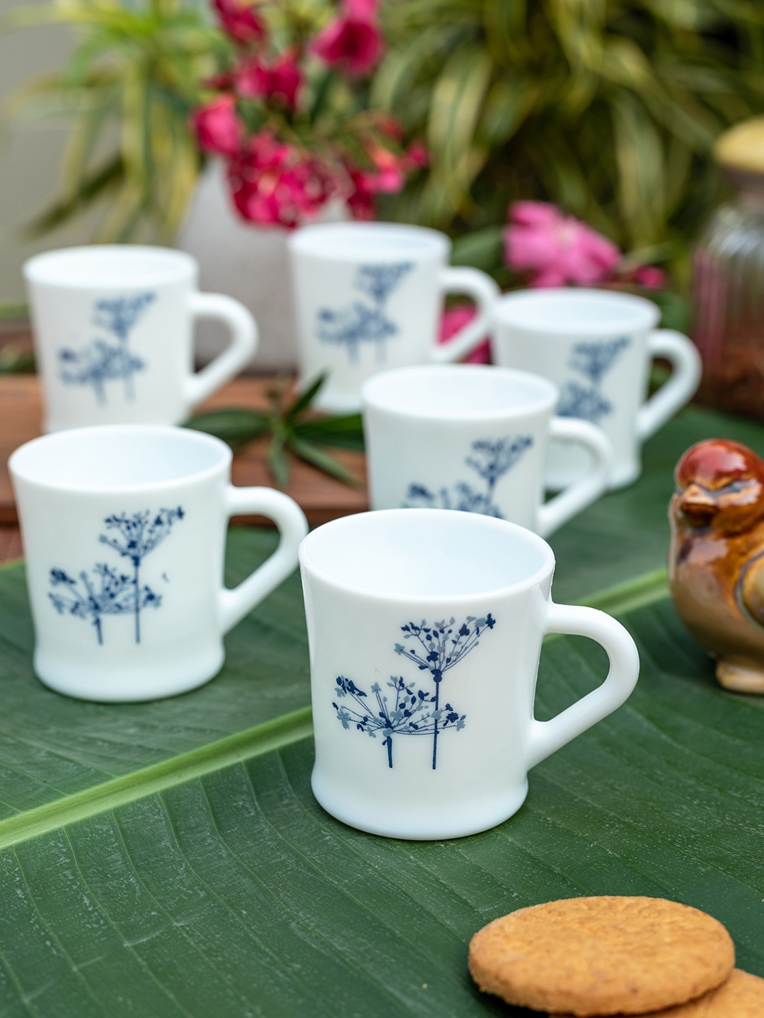 Laopala White & Blue Set Of 12 Opalware Tea Cups 130 ml