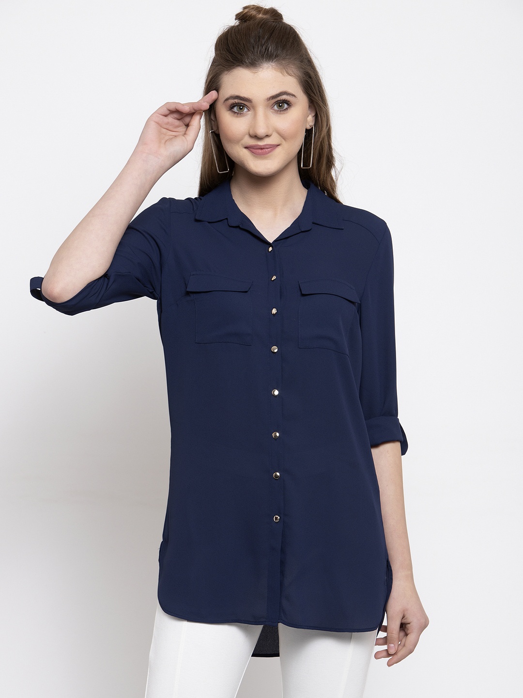 Gipsy Women Navy Blue Solid Longline Shirt Style Top