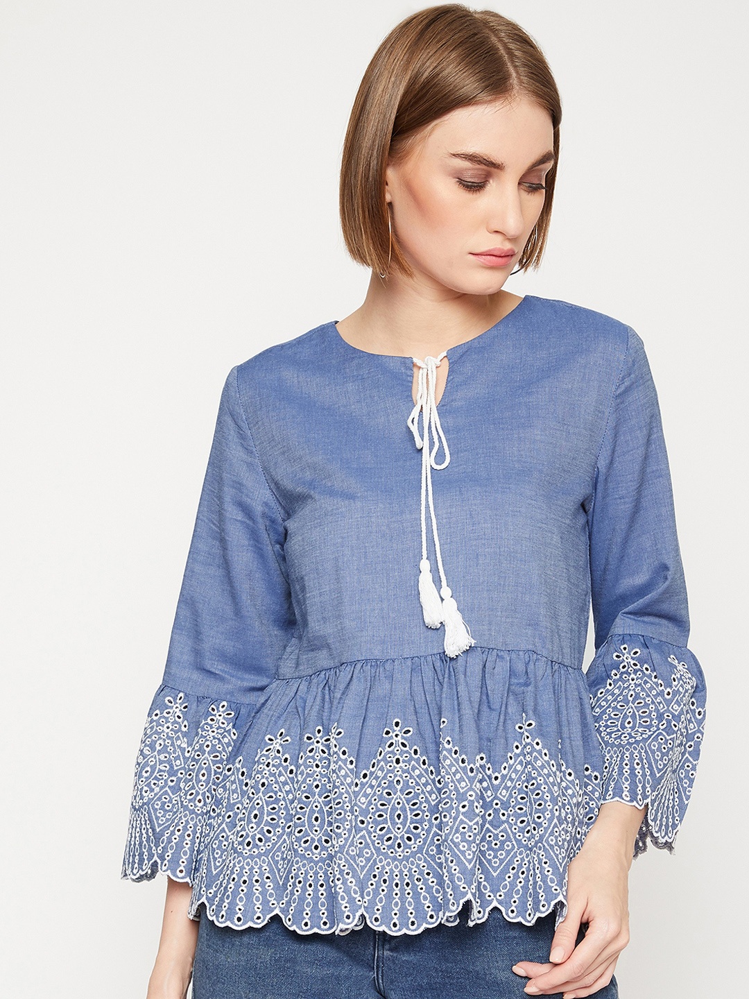 Marie Claire Women Blue Self Design Schiffli Cinched Waist Pure Cotton Top