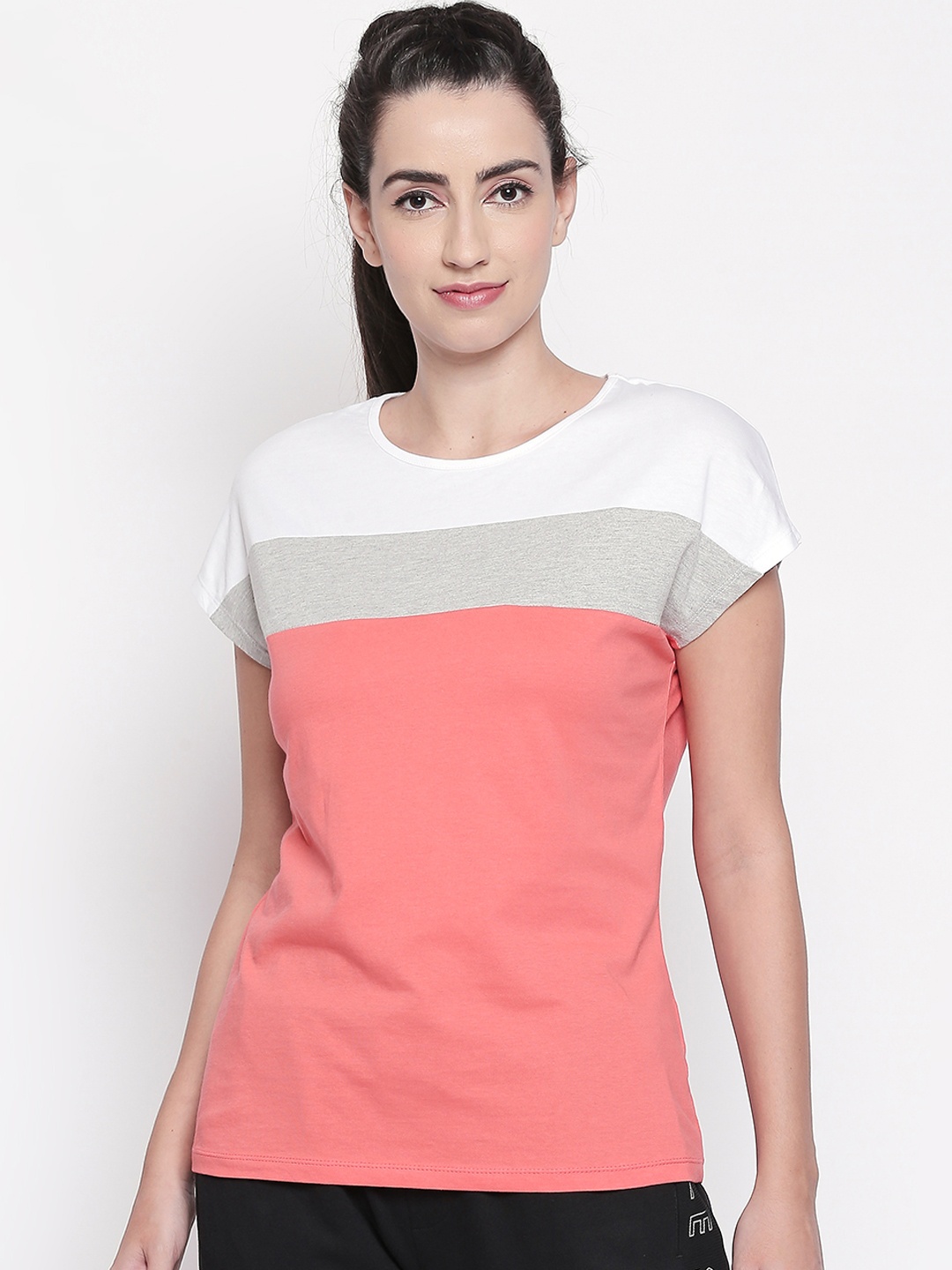 Ajile by Pantaloons Women Pink & White Colourblocked Round Neck T-shirt