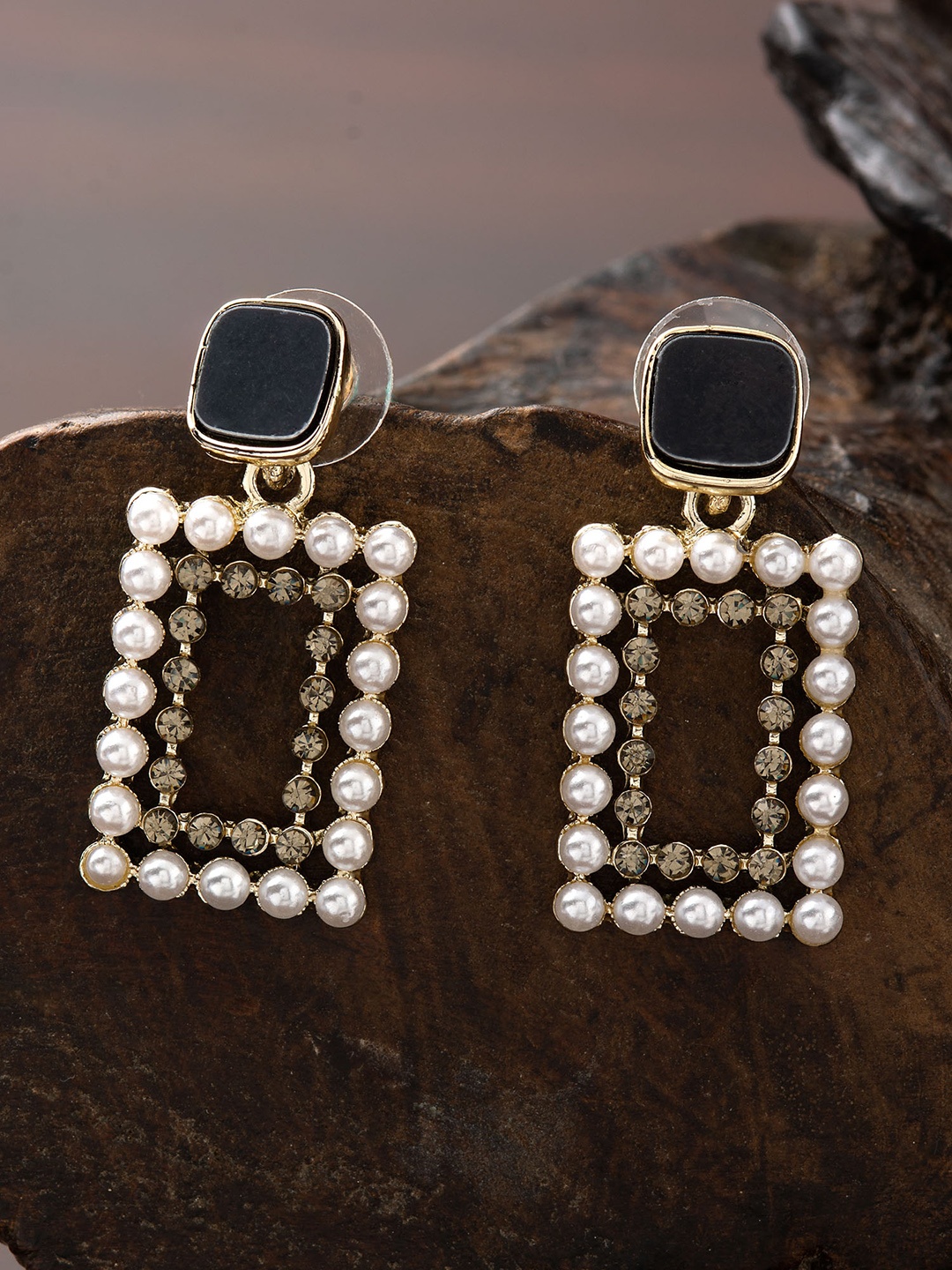 E2O Women White & Gold-Plated Contemporary Drop Earrings
