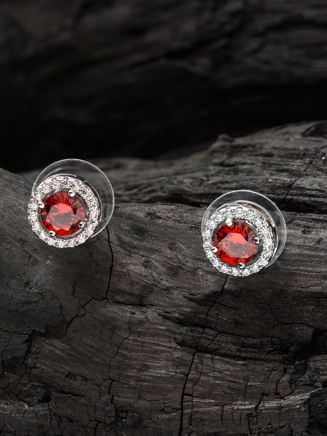 E2O Rhodium-Plated Silver-Toned & Red Contemporary Studs