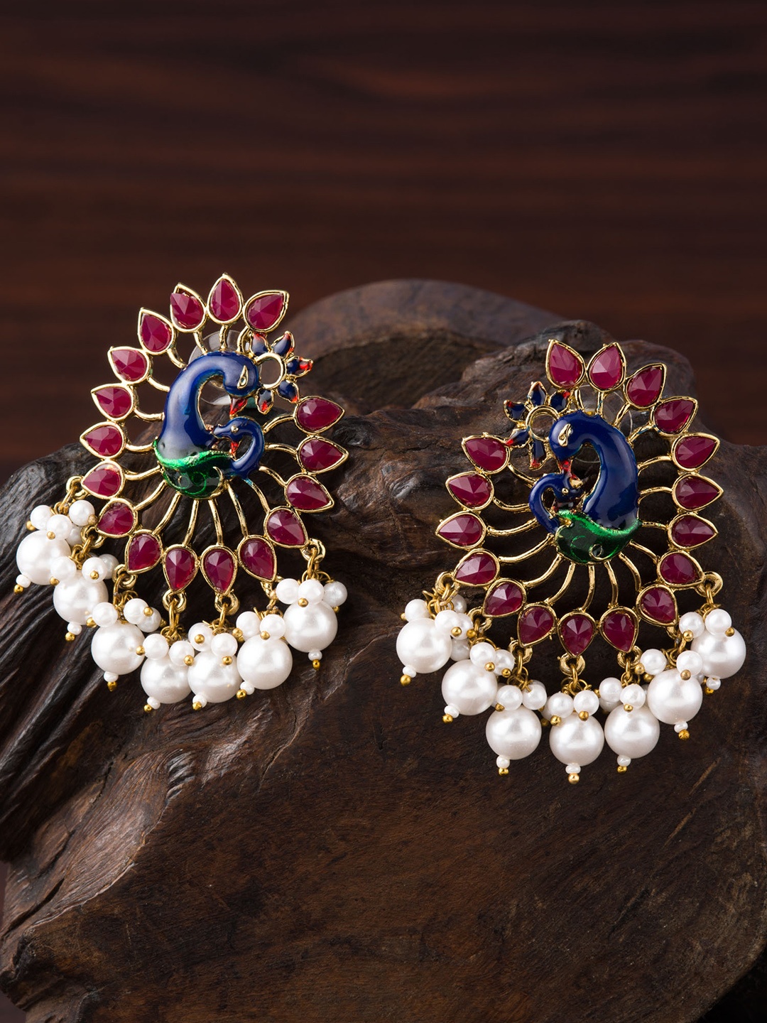 E2O Gold-Plated & Blue Peacock Shaped Meenakari Studs, Pink