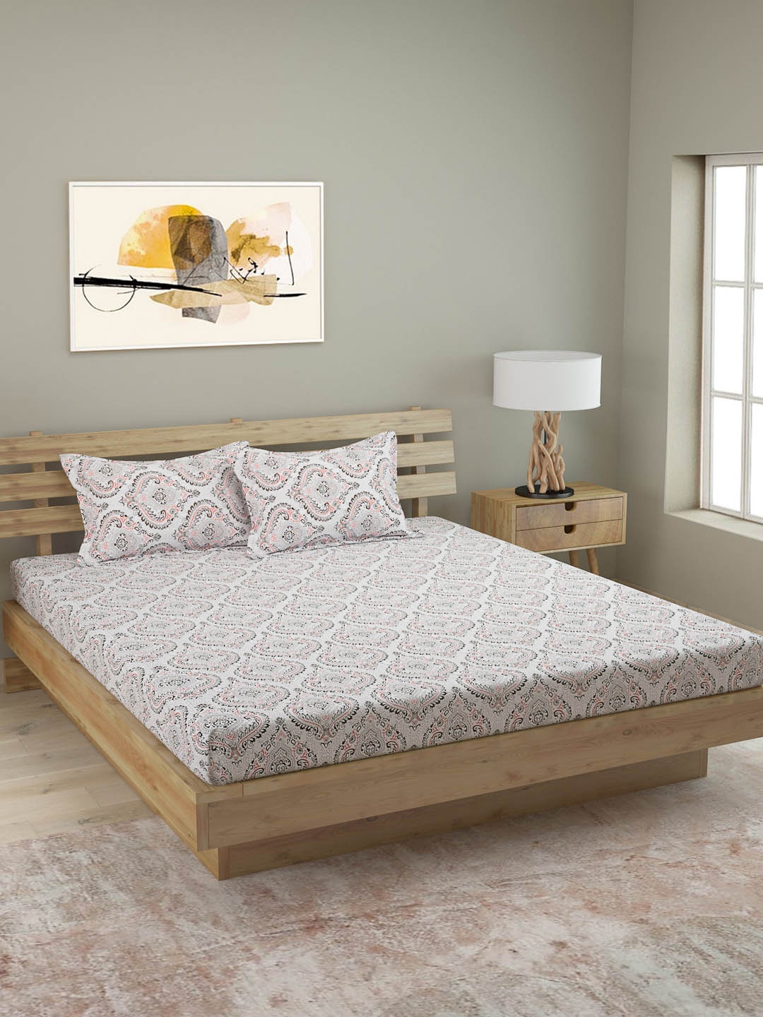 ROMEE Grey Ethnic Motifs 180 TC Cotton 1 King Bedsheet with 2 Pillow Covers