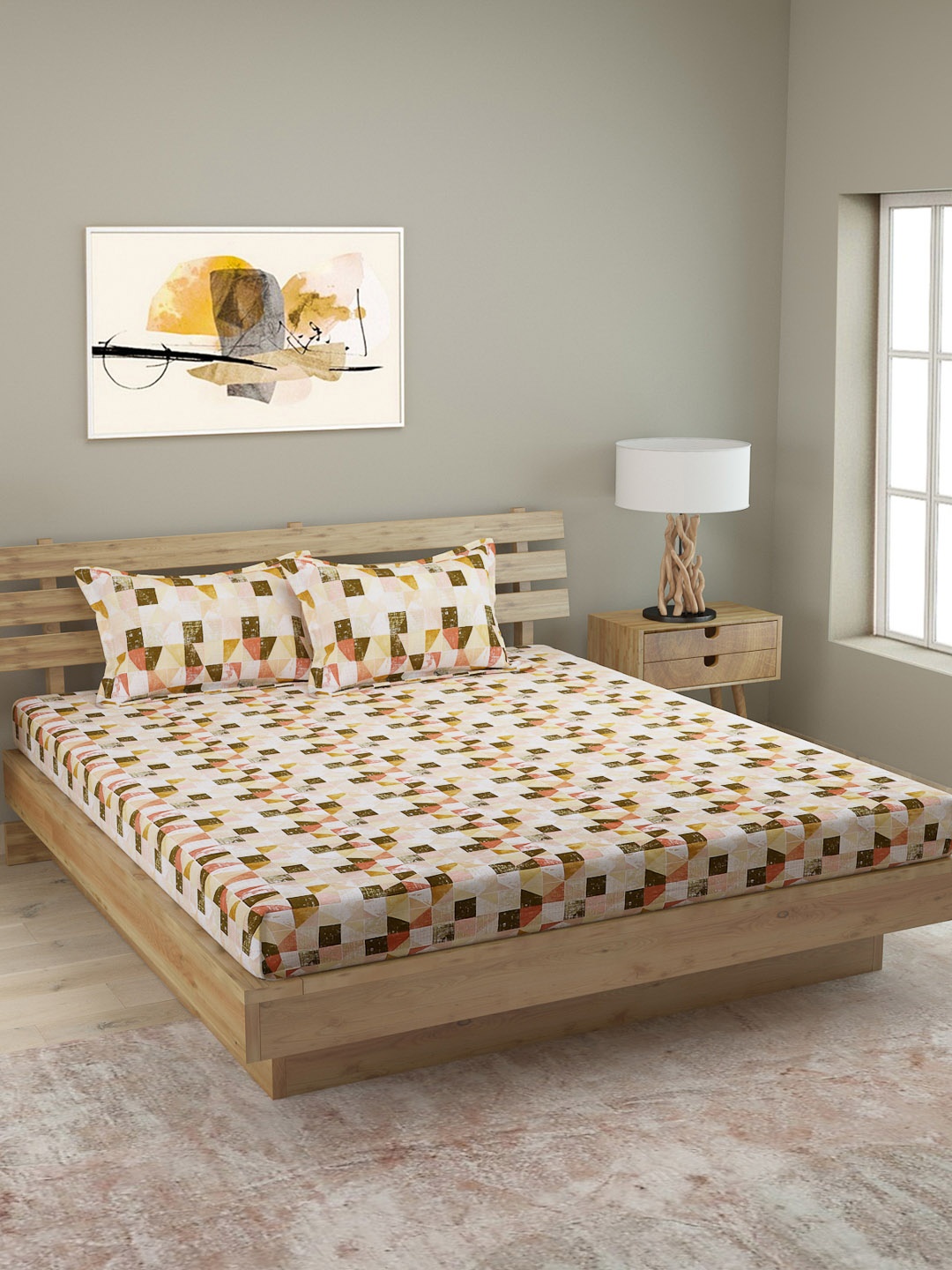 ROMEE Cream-Coloured & Olive Green Geometric 250 TC Cotton 1 King Bedsheet with 2 Pillow Covers
ROMEE Cream-Coloured & Olive Green Geometric 250 TC Cotton 1 King Bedsheet with 2 Pillow Covers