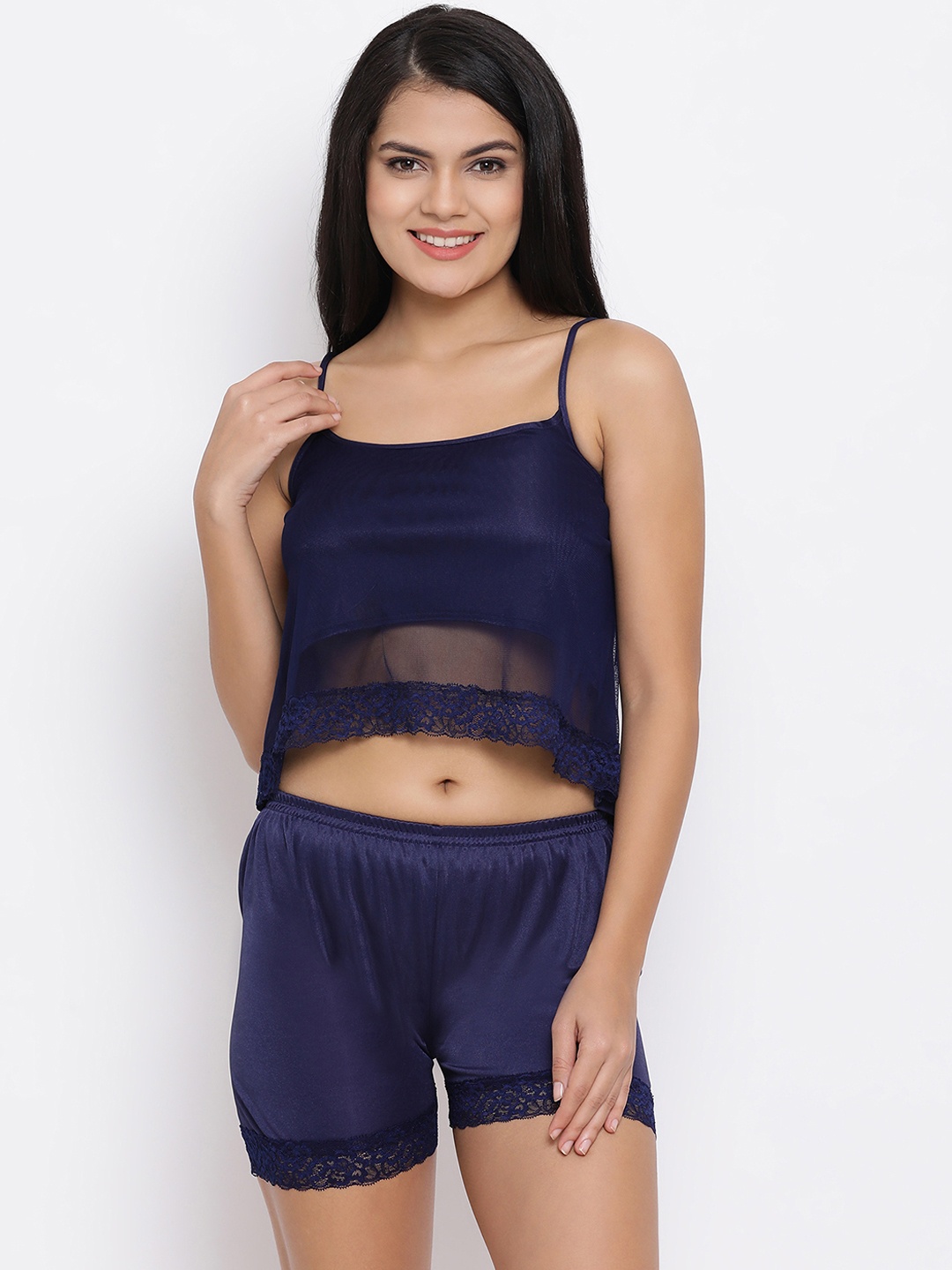 Clovia Women Navy Blue Solid Night suit
