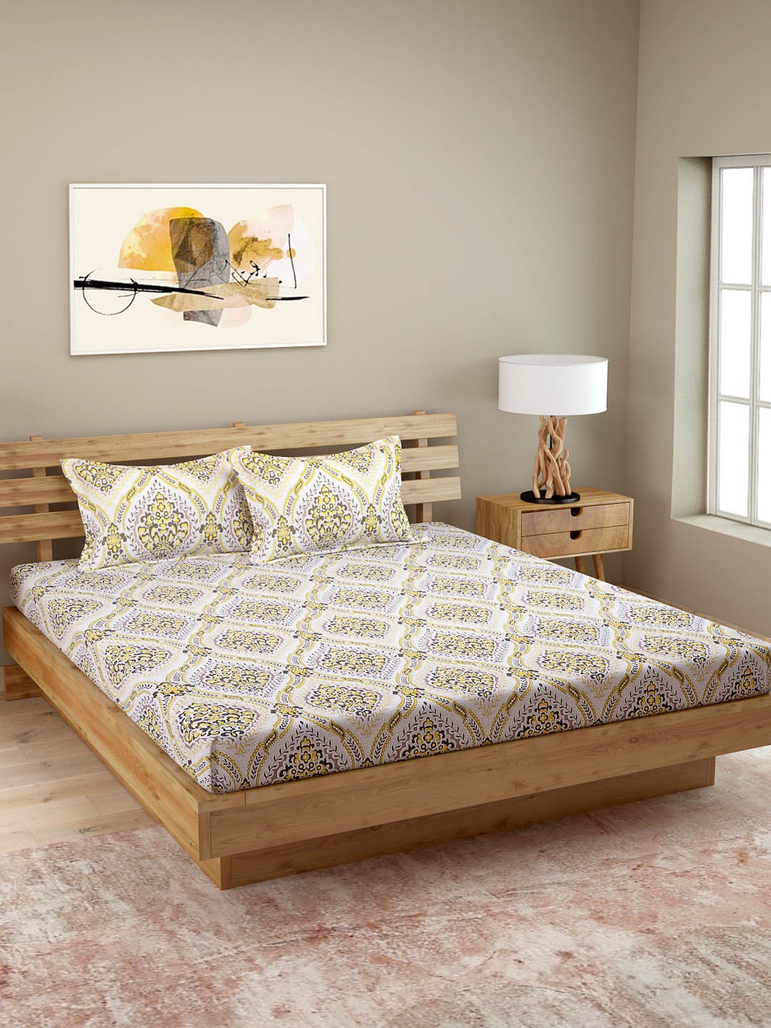 ROMEE Cream-Coloured & Yellow Ethnic Motifs 180 TC Cotton 1 King Bedsheet with 2 Pillow Covers
ROMEE Cream-Coloured & Yellow Ethnic Motifs 180 TC Cotton 1 King Bedsheet with 2 Pillow Covers