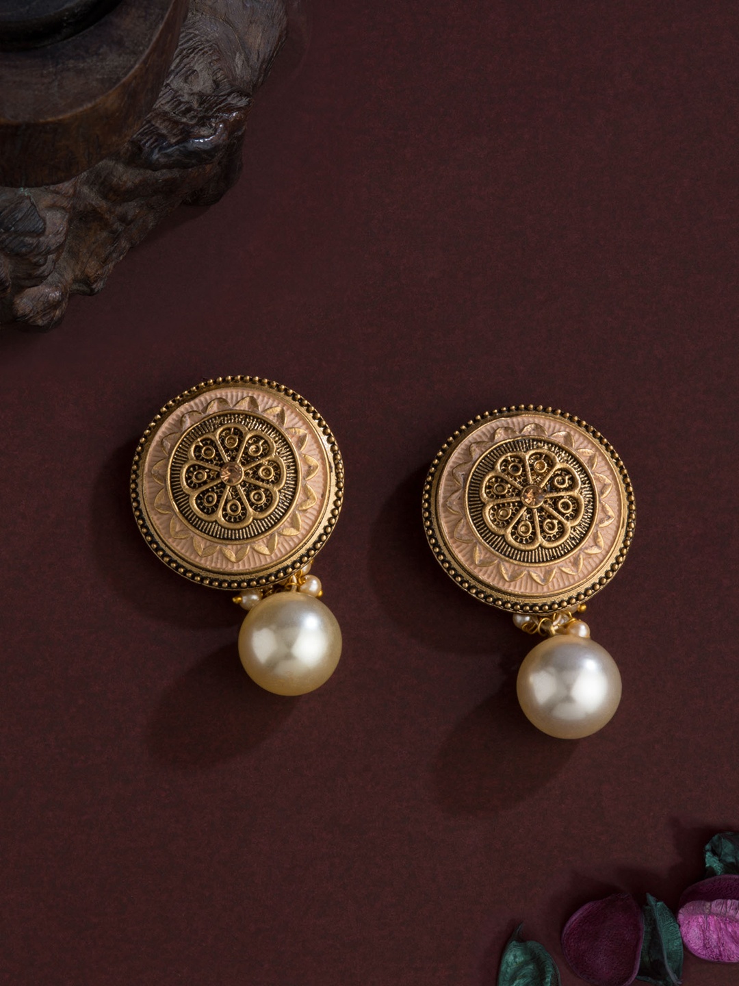 E2O Gold-Plated & Peach-Coloured Circular Drop Earrings