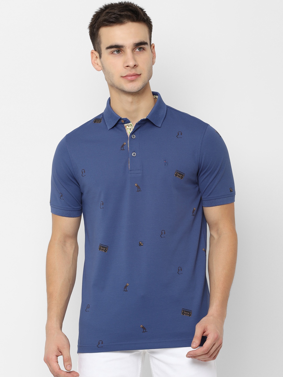 SIMON CARTER LONDON Men Blue Printed Slim Fit Polo Collar T-shirt
