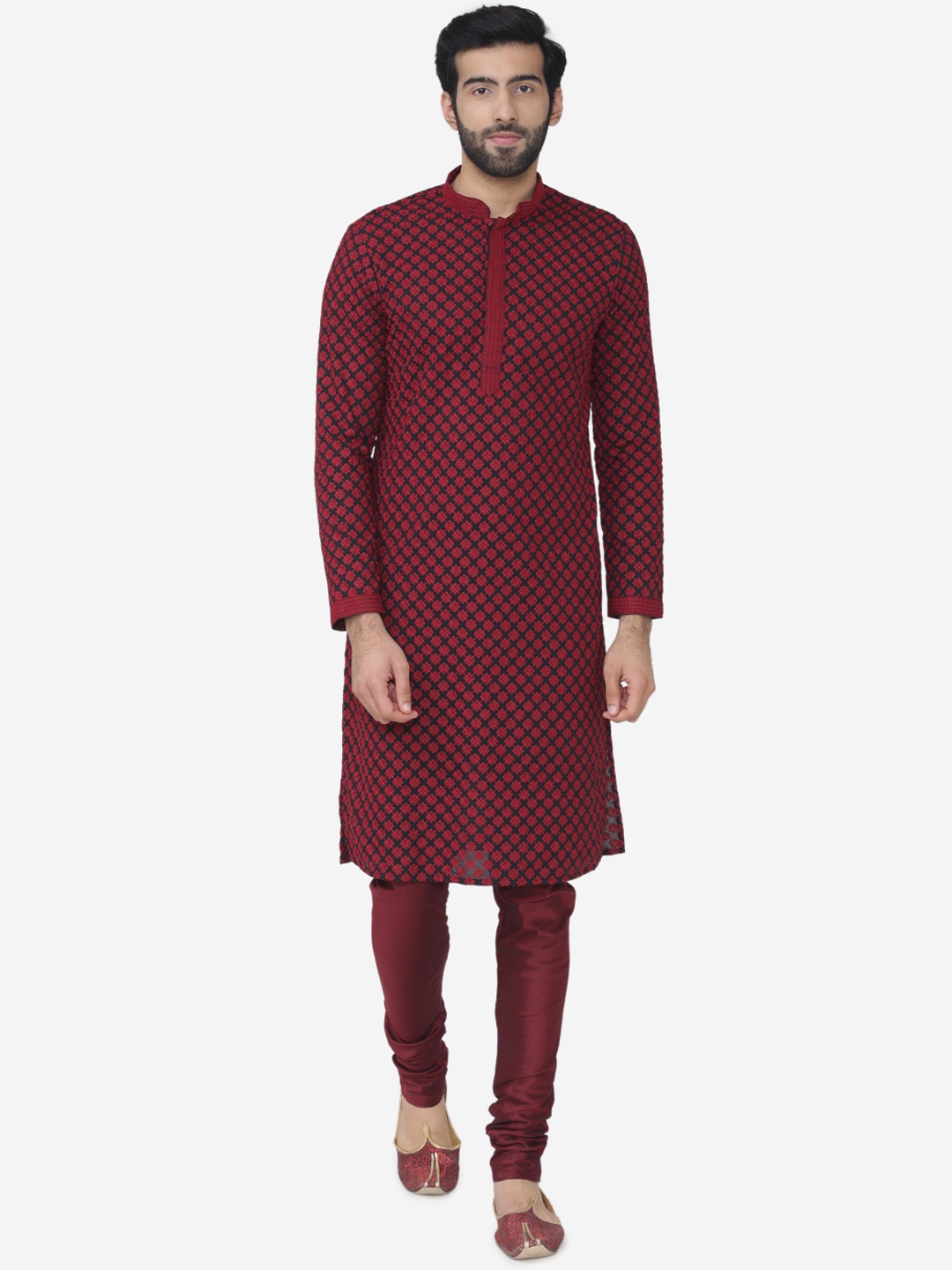 Manyavar Men Maroon & Black Embroidered Kurta with Churidar