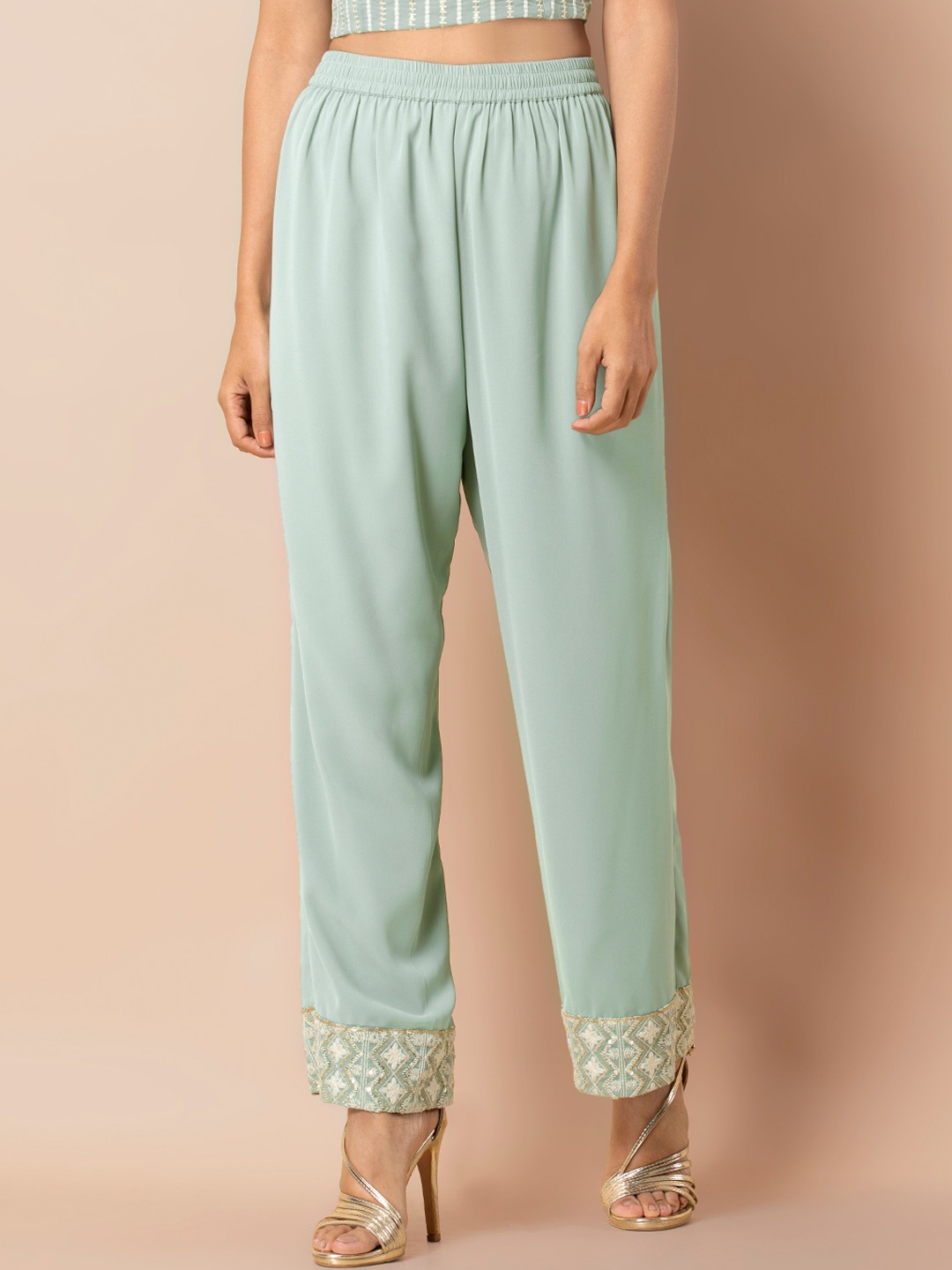 INDYA Women Green Hem Design Straight Palazzos