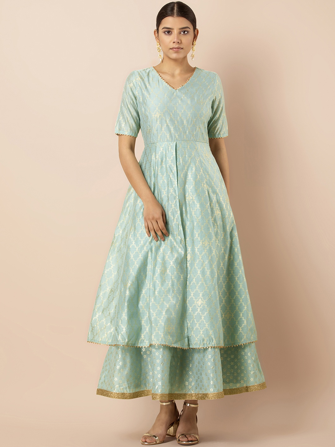INDYA Aqua Dual Foil Chanderi Double Layer Tunic, Turquoise blue