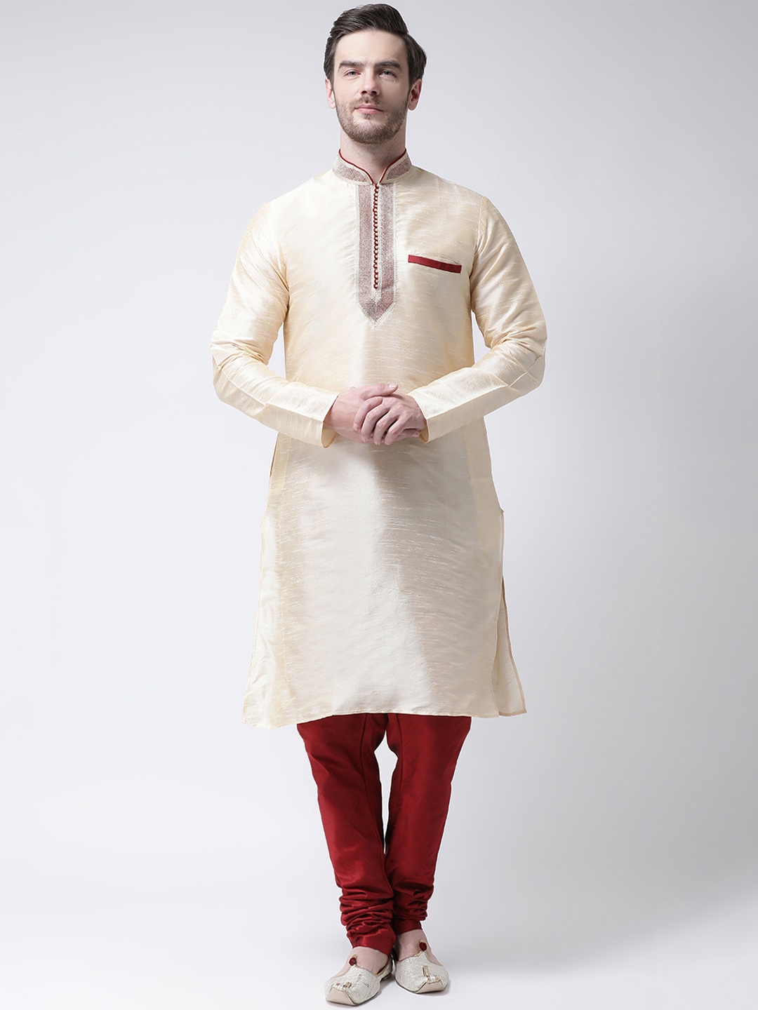 SG LEMAN Men Cream-Coloured & Maroon Self Design Kurta with Churidar